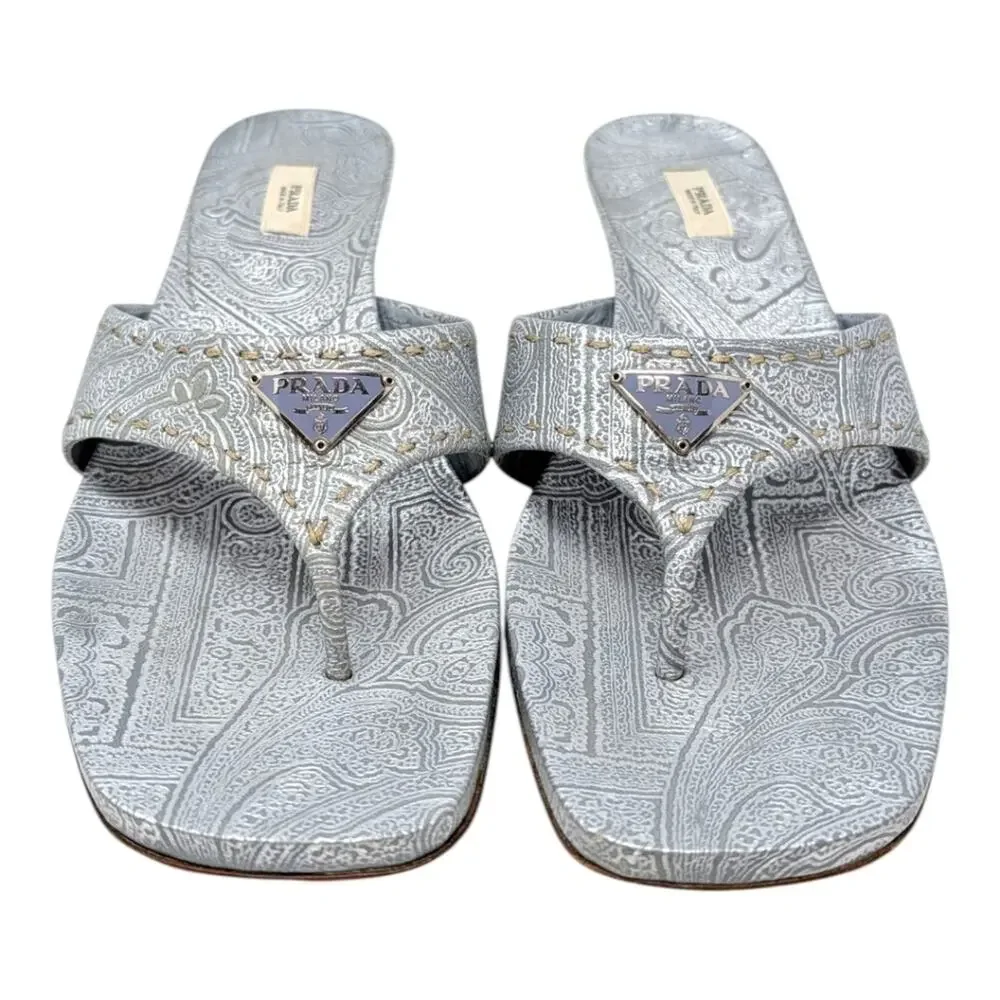 Vintage Prada Logo Kitten Heel Flip Flops Square Toe Sandal Mule Silver Blue 40
